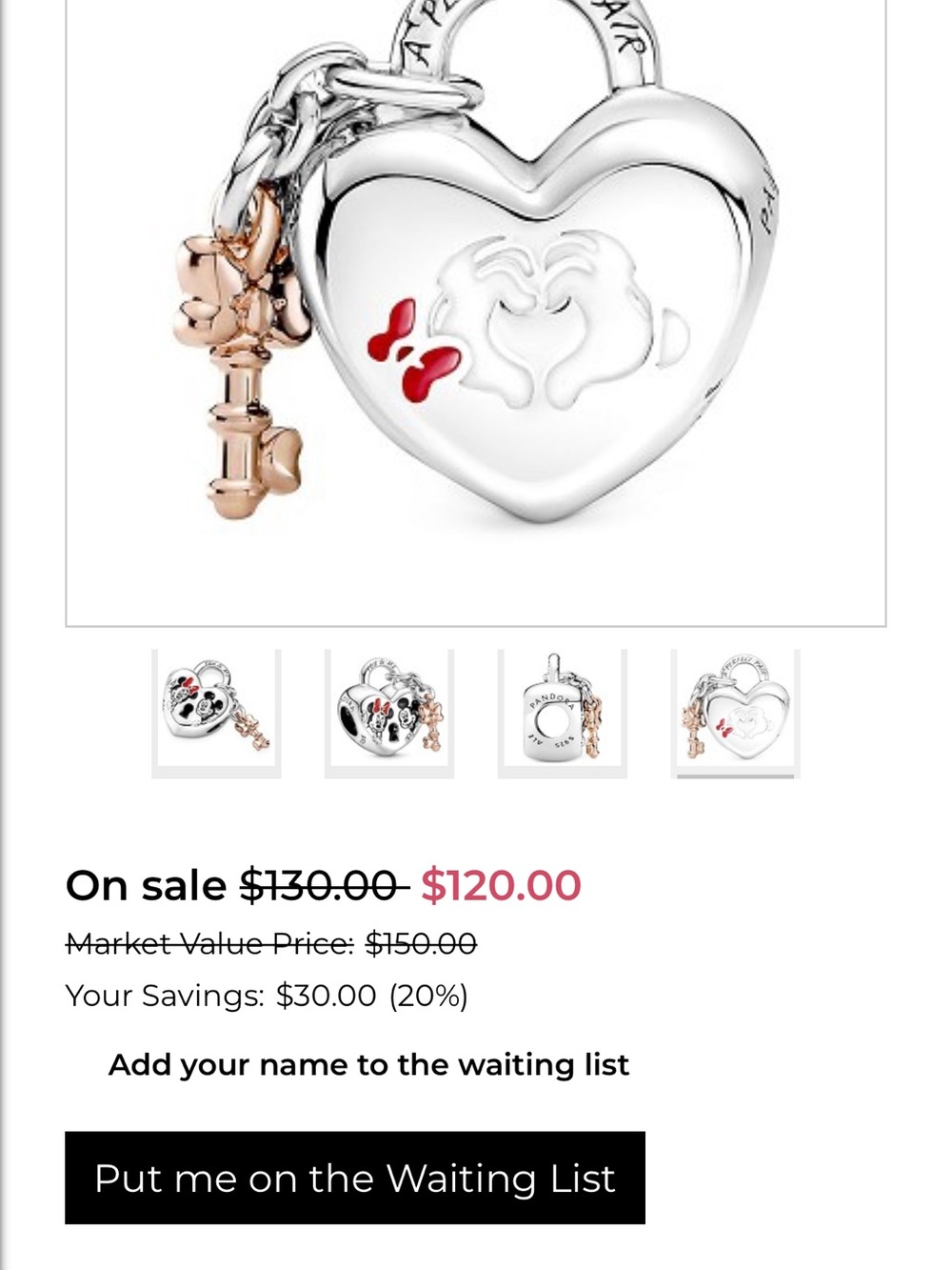 ❤️Disney Pandora Sterling Silver Mickey & Minnie Heart Lock Charm Rose Gold Key - Picture 5 of 8